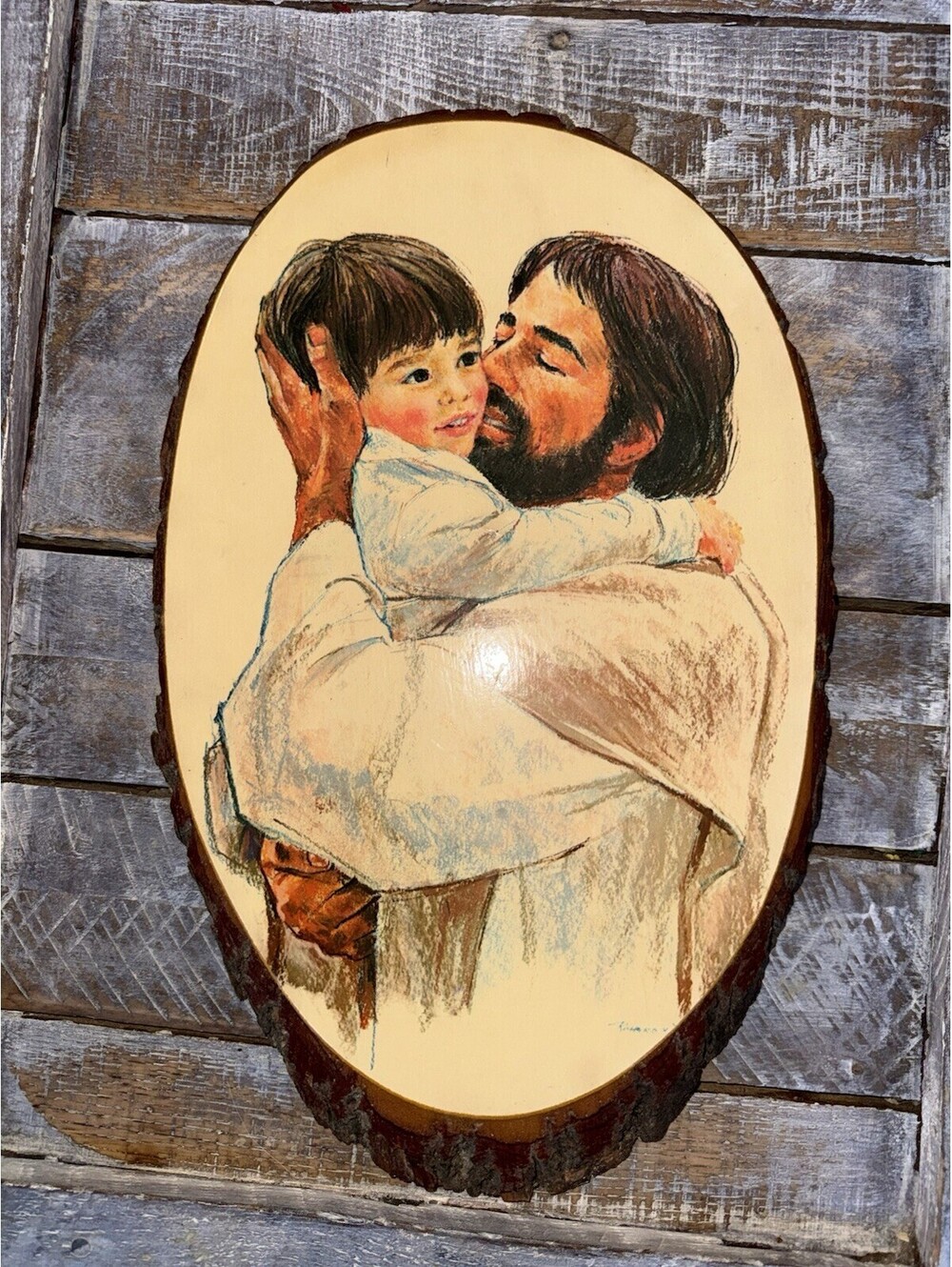 Vintage Jesus and the children Wood Slice Plaque, religious wall decor